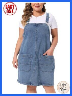 Plus Size Denim Overall Dress Adjustable Strap Bib Jumper Pinafore
